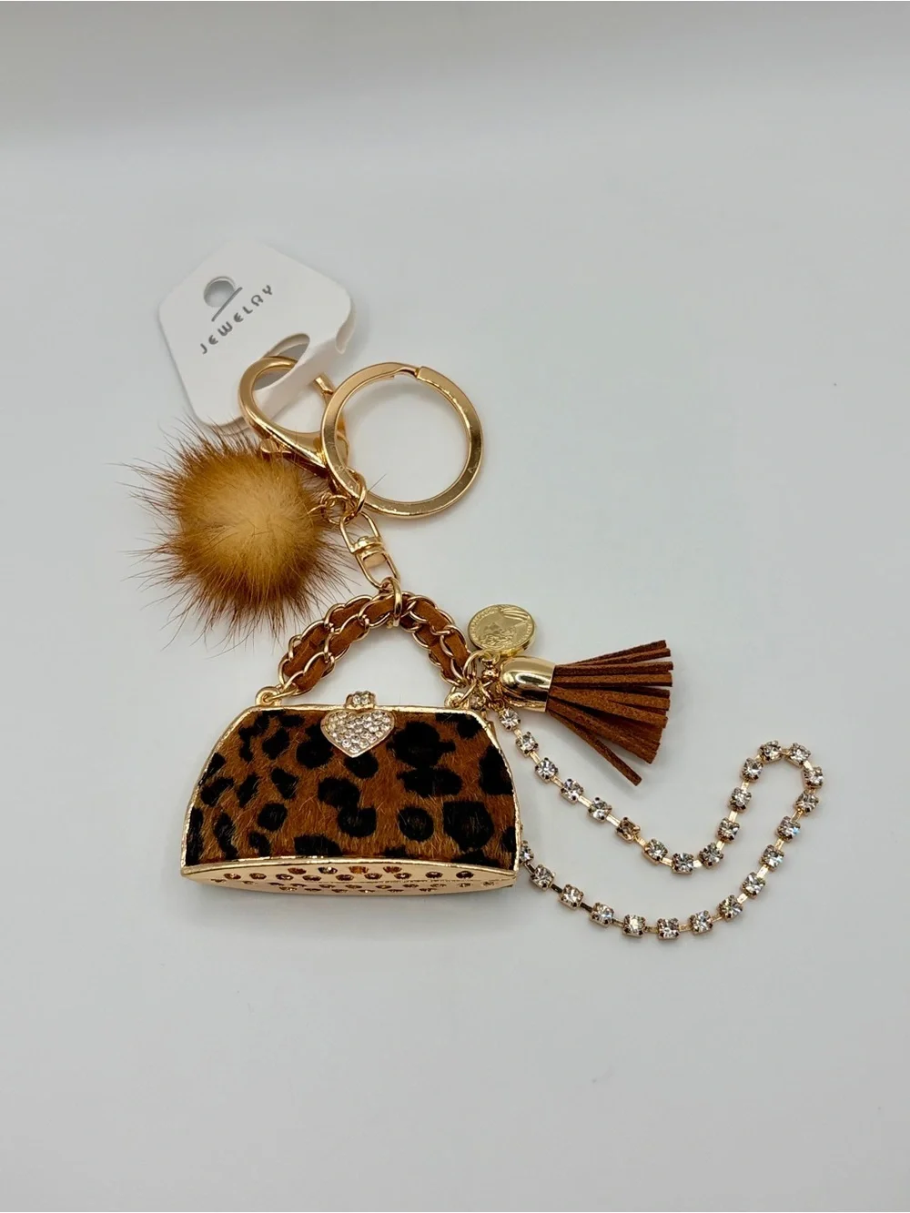 Bougie Leopard Print Purse Keychain with Brown Fur Pom Pom and Tassel